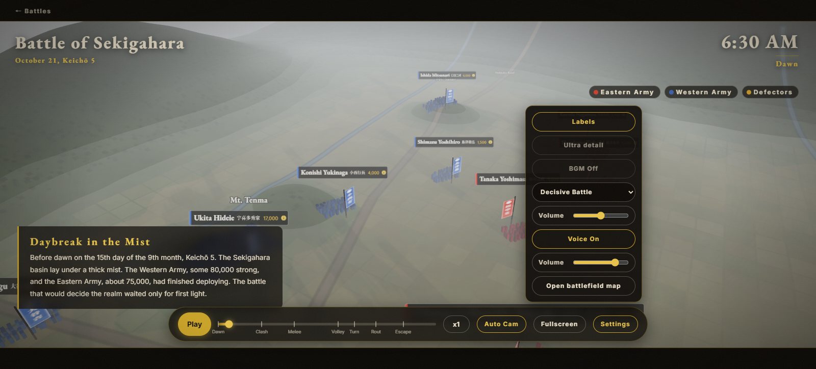 A battle page (Battle of Sekigahara) with Settings open and "Voice On" chosen. The narration at the lower left is read aloud, and Settings also has the "Ultra detail" button.